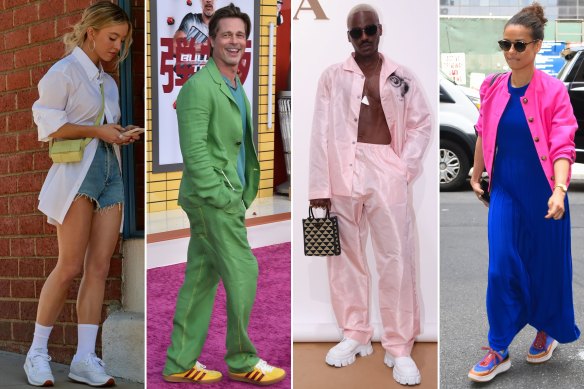 Sneaker styles: Sydney Sweeney in white on white Reebok Classic Leather sneakers; Brad Pitt at the Bullet Train premiere in LA wearing Adidas x Gucci sneakers; new Doctor Who actor Ncuti Gatwa chooses an all-white sneaker at the Prada menswear show in June; Gugu Mbatha-Raw in a colourful woven sneaker style.