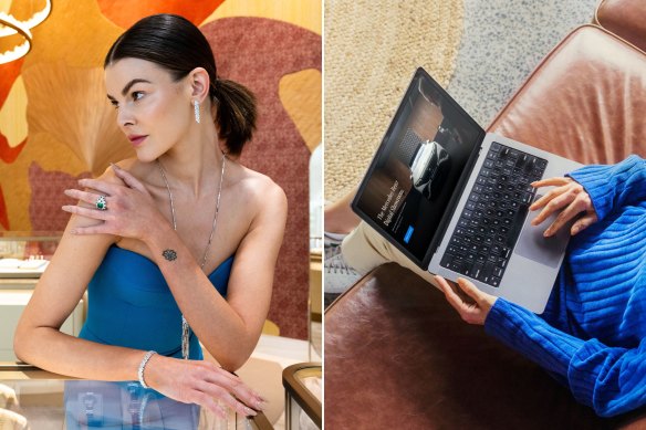 IRL vs. online: a model in Cartier’s two-level Oceania flagship in Sydney and a customer looking at the Mercedes-Benz vehicles online showroom.