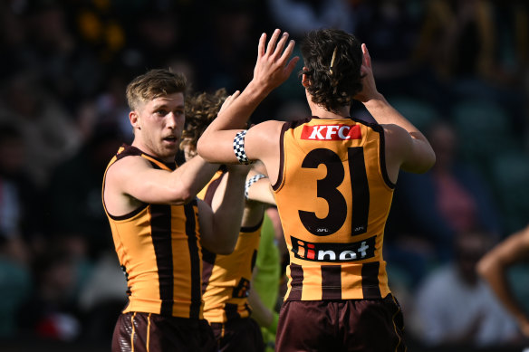 Dylan Moore celebrates a goal.