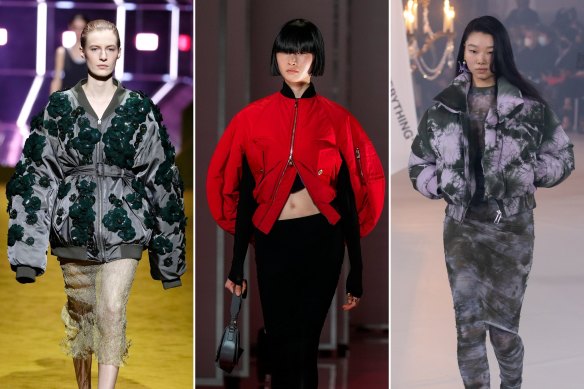 Bombers away on the runway. Australian model Julia Nobis in Prada ready-to-wear autumn/winter ’22; Versace ready-to-wear autumn/winter ‘22; Off-White ready-to-wear autumn/winter ’22.