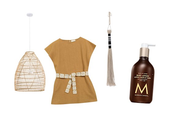 “Velas” pendant light; “Lunar Draa” dress; Lucky Charlie tassel; “Soleil De Tanger” body lotion.  