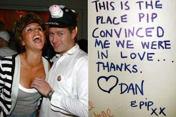 Pip Edwards and Dan Single in 2006 (left) and a note Single wrote on the wall about Edwards at the farewell party for Hugo’s Bondi restaurant.