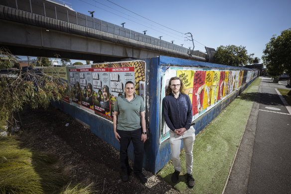 Eddie Solomon and Patrick Davis stand in front of land earmarked for an eight-storey development in Murrumbeena Village.