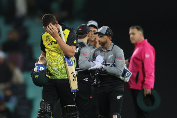 Josh Hazlewood leaves the SCG after Australia’s loss to New Zealand.