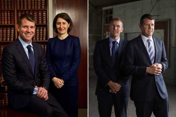 From left: Baird with his then treasurer – and successor – Gladys Berejiklian; with his then planning minister, Rob Stokes.