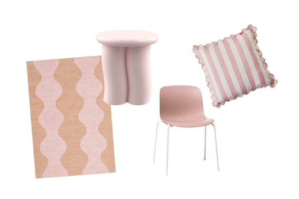 “Zamora” rug; “Wiggle” side table; “Troy” chair; “Aruba” cushion.  