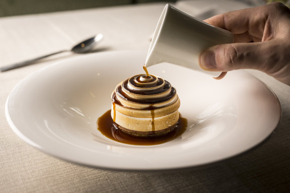 Lucia’s coffee, bourbon and chocolate is part semifreddo, part affogato, topped with a spiral of meringue.