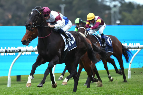 Tyler Schiller boots home Smashing Eagle at Rosehill on Saturday.