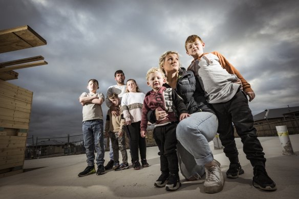 Hayley Thorley and Anthony Morgan with their children (l-r) Jasper, Riley, Bella, Zeke and Blade at their block in Lara.