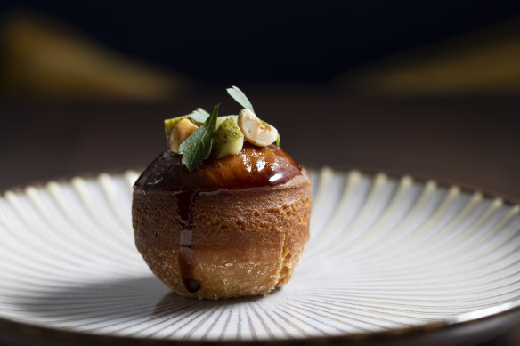 Brioche doughnut filled with chicken-liver parfait.