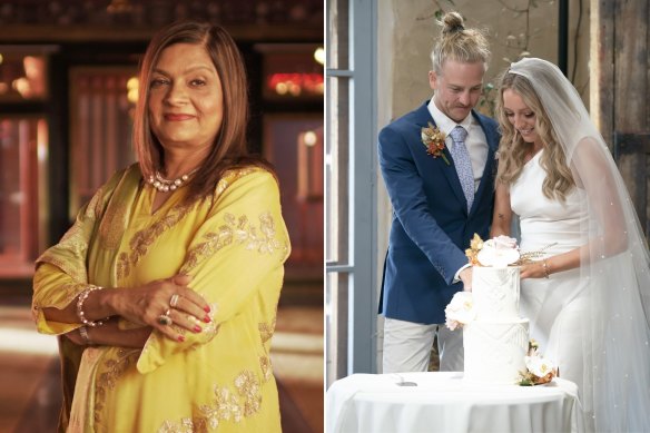 Sima Taparia from the Netflix series Indian Matchmaker, left, and a couple from Married at First Sight, a show where singles are paired together by a group of experts.
