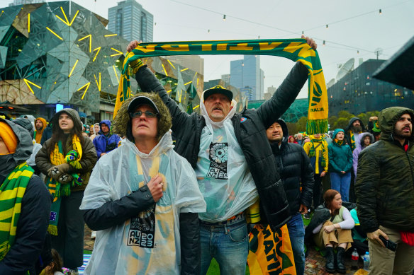 Melbourne fans in Federation Square for quarter-final between Australia and France.