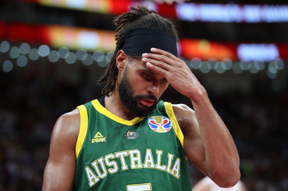 Patty Mills shows his devastation after losing to Spain. 