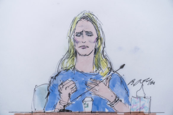 In this courtroom artist sketch, Jennifer Siebel Newsom, a documentary filmmaker and the wife of California Governor Gavin Newsom, testifies at the trial of Harvey Weinstein in Los Angeles, last month.