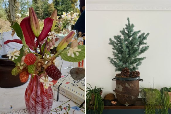 Lilies and berries on Paulette Whitney’s Christmas table (left) and Jane Hearn’s potted tree.