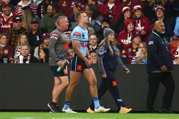 Tom Trbojevic leaves the field at Suncorp Stadium.