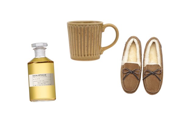 “Eucalyptus 20” EDP; Mug; “Miracle Moccasin” shoes.