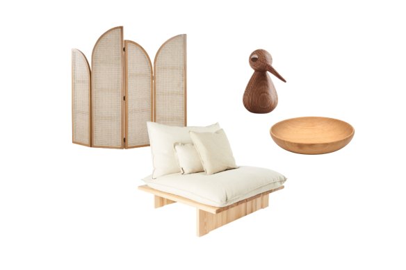 “Wave” room divider; “Marcel” sofa; “Bird”; Bowl.