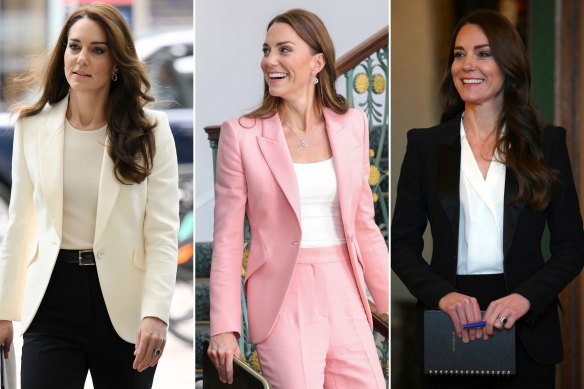 Catherine, Princess of Wales, favours  Alexander McQueen jackets and pant suits.
