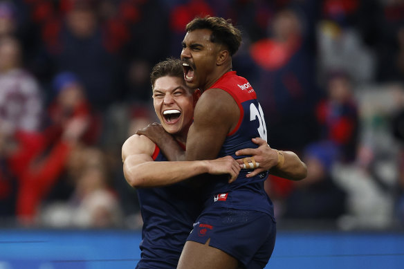 Kysaiah Pickett celebrates one of his goals for the Demons.