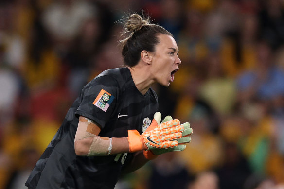 Lethal defender Mackenzie Arnold encourages her teammates during the Australia-France quarter final.