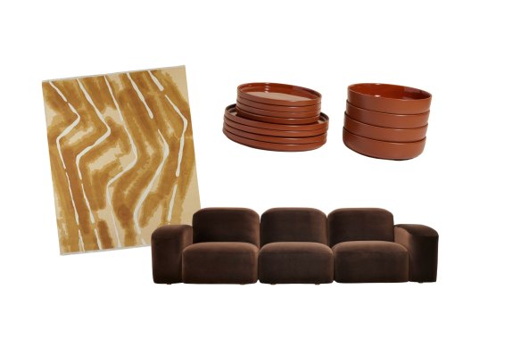 “Abyssal” rug; “Starter Stacking Set” tableware; “Muse” sofa.  
