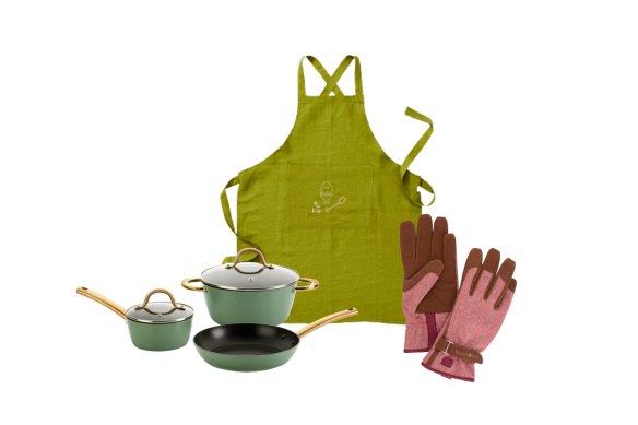“Easycook Basil & Gold” cookware; “Pickle” apron; “Love the Glove” gardening gloves.