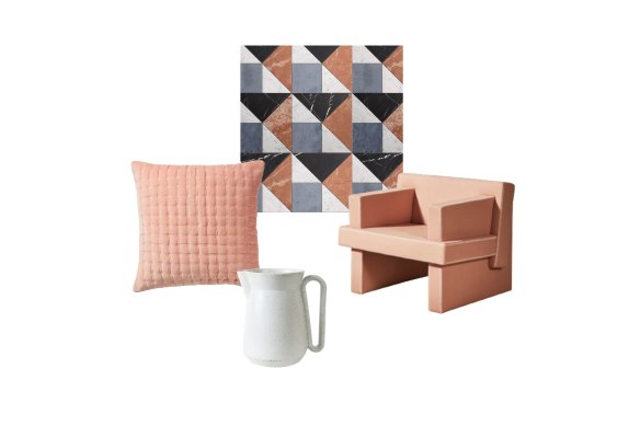 “Piazza” cushion; “Milano” marble tiles; “August” armchair; “Sangria” jug.