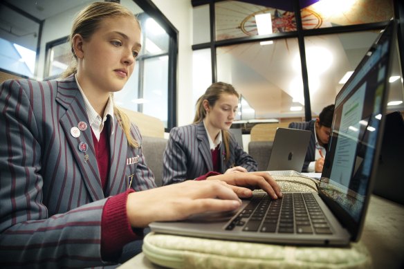 Genazzano students Sophie and Amelie in the school’s learning hub.