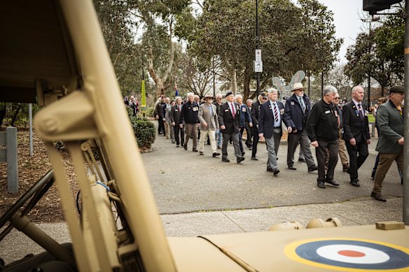 Vietnam War veterans marching from Croydon Oval to the service at the war memorial on Sunday.