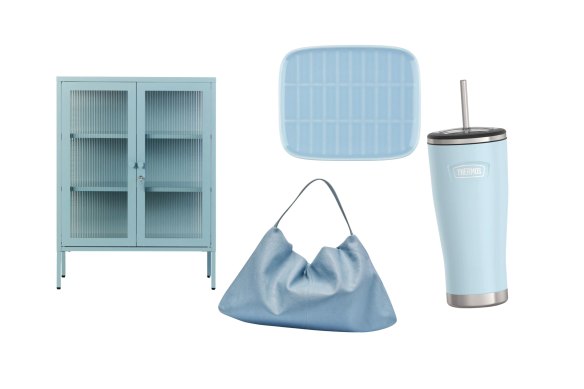 “The Mixer” cabinet; “Harlow Slouch” tote; “Oiva Tiiliskivi” plate; “Icon” cold tumbler.  