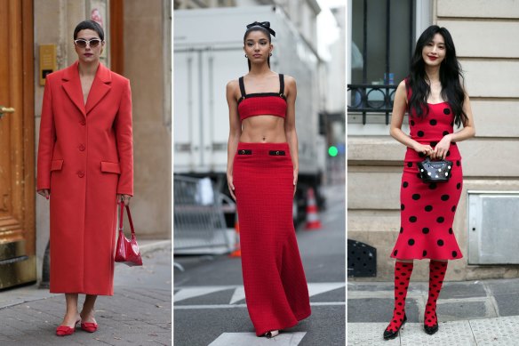 Tomato soup ... guests attending Paris Fashion Week favoured red, which was also a popular trend on TikTok.
