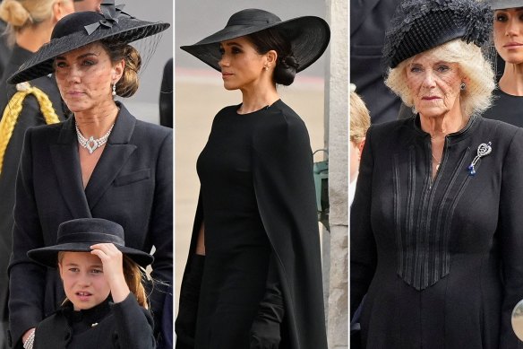 Kate, Princess of Wales with Princess Charlotte, Meghan, Duchess of Sussex and Camilla, the Queen Co<em></em>nsort all express grief with style restraint and priceless jewels.