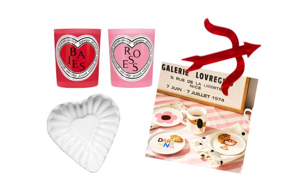 “Baies & Roses” candle duo; Dish; “Darling Art Edition” plates; “Cupid’s Bow” brooch.  