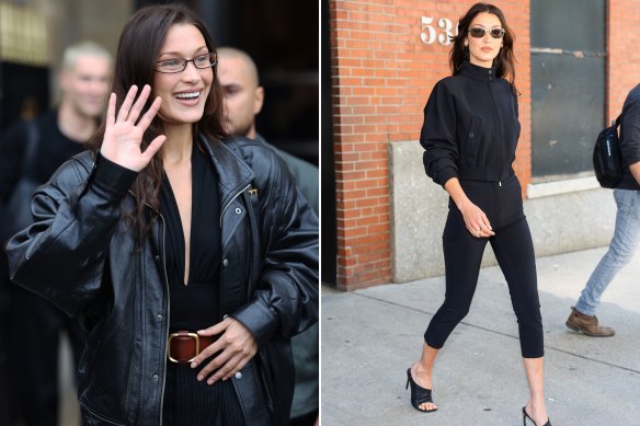 Bella Hadid, genetically blessed model and setter of challenging trends, such as skinny glasses (left) and capri pants.