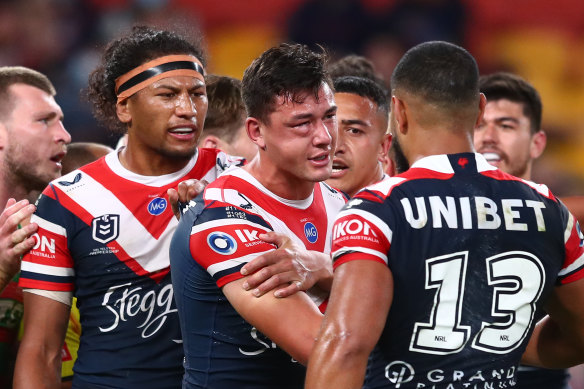 Joey Manu suffered a horror facial injury against the Rabbitohs in 2021.