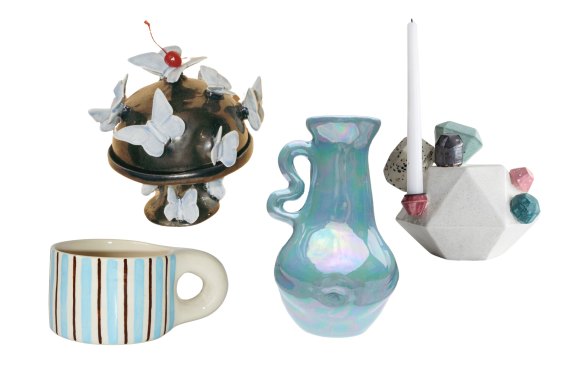 “PJ Baby Suki” mug; “Butterfly” domed serving platter; “Squiggle Belly” vase; “Gem Cluster”.  