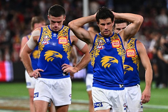 The Eagles have come crashing back to earth over the past month, suffering big losses to Sydney (128 points), Geelong (46 points), Fremantle (56 points) and the Saints (101 points).