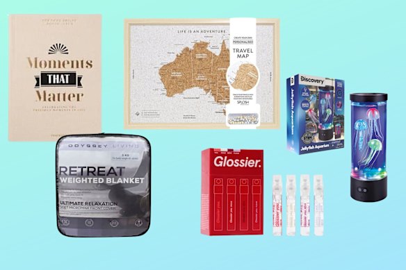 Printworks Moments That Matter photo album; Odyssey Living weighted blanket; Splosh Australia travel board; Glossier You Wardrobe 4×1.5 ml; Discovery Zone jellyfish lamp.