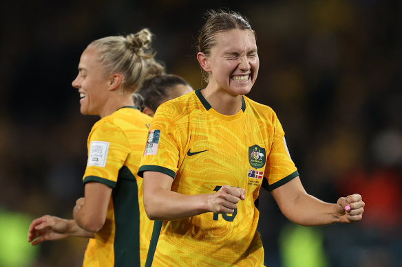 Clare Hunt celebrates Australia’s win on Monday.