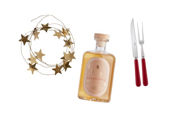 “Star” garland, $55; Zonzo ; “Panettone” gin; “Pop Unis” carving set.