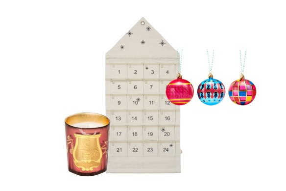 “Felice” candle; “Star” advent calendar; Andy Warhol Collection ornaments.