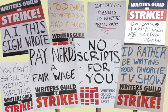 Striking signs at Hollywood writers’ protest