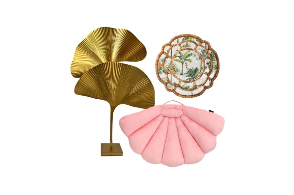 “Sun Palm” lamp; “Rose Shell” cushion; “Palm” melamine dinner setting.