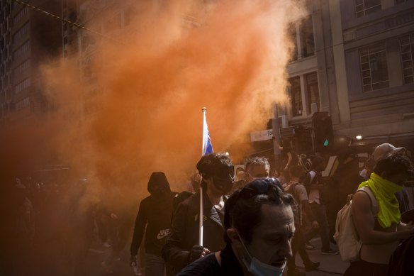 Thousands of anti-vax and anti-lockdown protestors were met with a heavy police presence when they stormed the streets of Melbourne’s CBD in August 2021. 