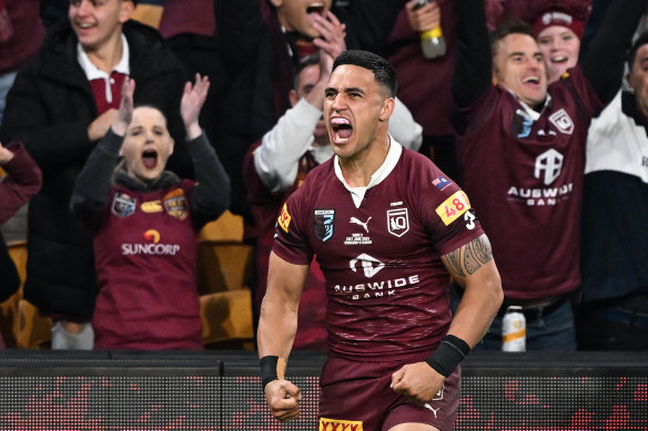 Valentine Holmes celebrates his second try.