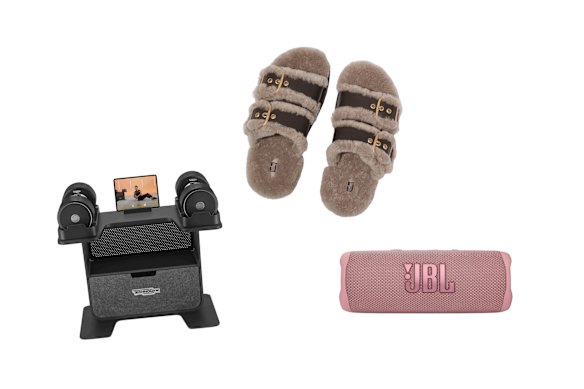 “Connected Dumbbells”; “Gen-FF” shearling slides; “Flip 6” portable speaker.  