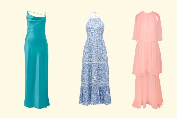 Diida’s Farrow Midi Slip Dress; Forever New’s Adrianna Halter Maxi Dress, and Ginger & Smart’s  Dream Gown.