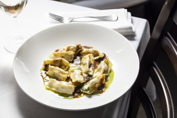 Agnolotti filled with Moreton Bay bug meat and served with a lobster bisque and butter sauce.