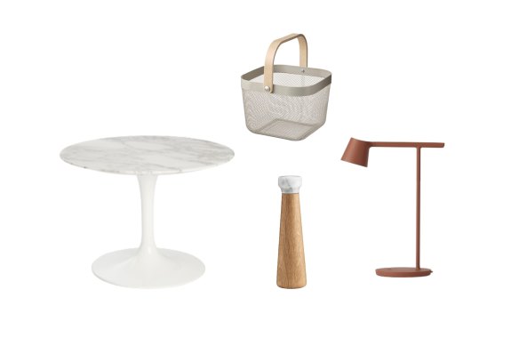 “Tulip” side table; “Risatorp” basket; “Tip” table lamp; “Craft” salt mill.